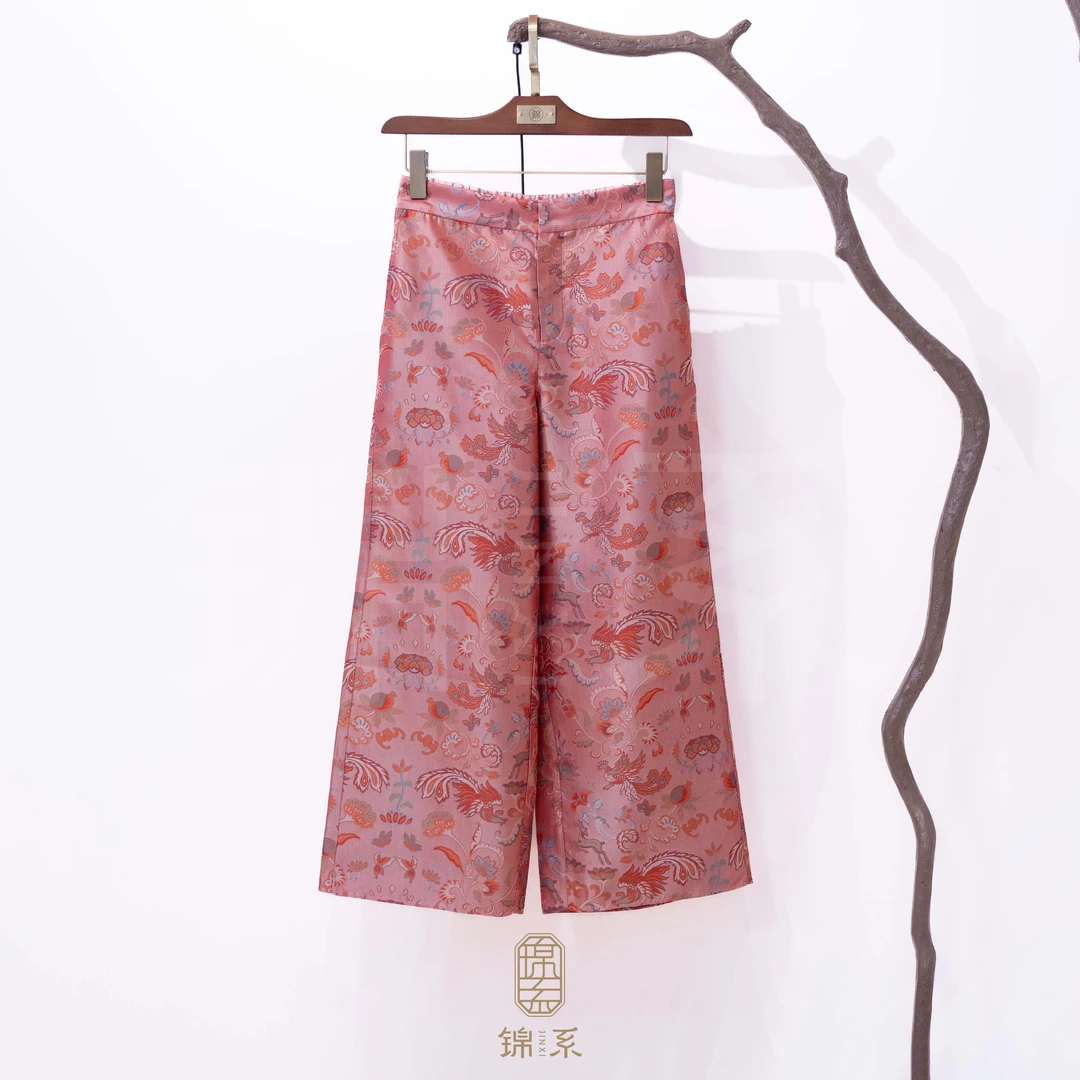 【锦系】32姆米蜀锦新中式国风桑蚕丝后松紧腰阔腿裤K-382843