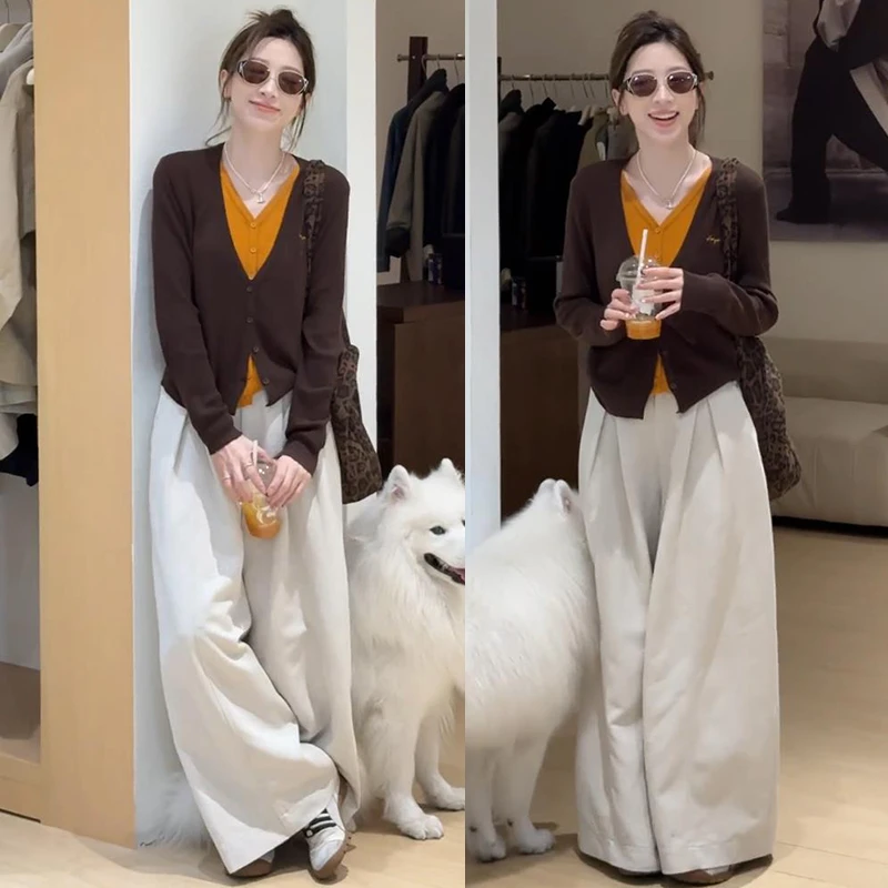 假两件撞色拼接针织衫上衣女士2025秋季新款阔腿休闲裤时尚两件套