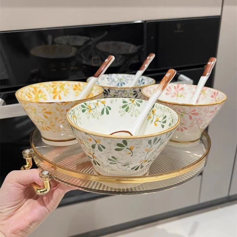 釉下彩四季繁花日式陶瓷米饭碗5英寸斗笠碗2022新款家用高脚防烫j