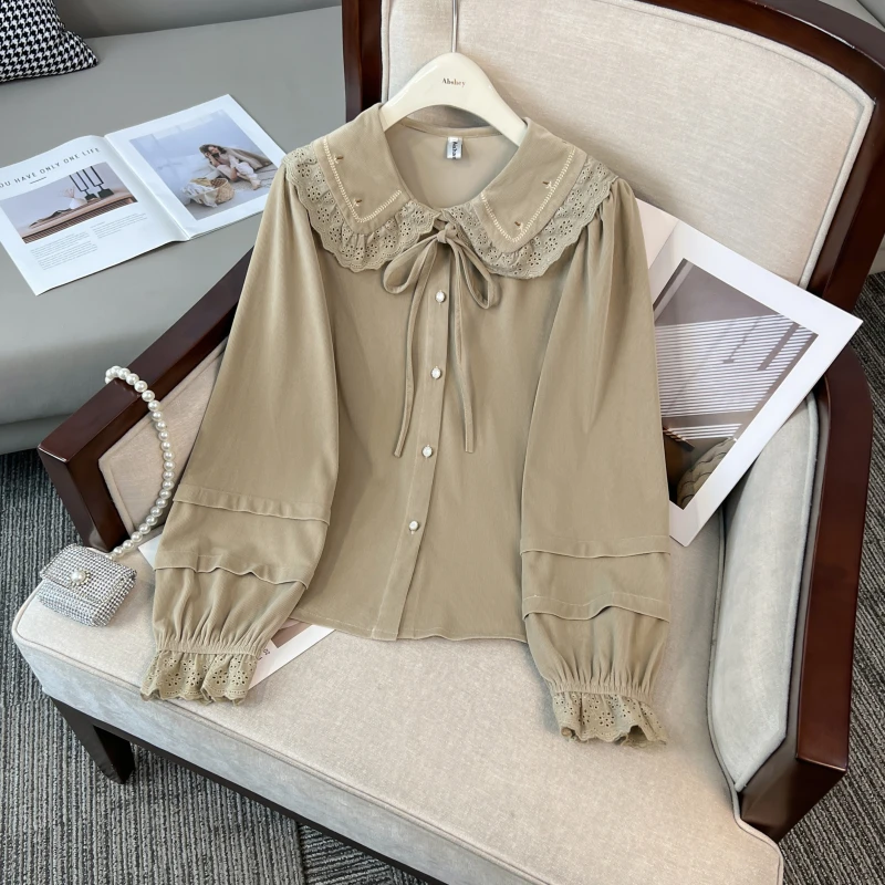 大码女装2025胖MM春季新款设计感蕾丝花边娃娃领减龄显瘦长袖衬衫