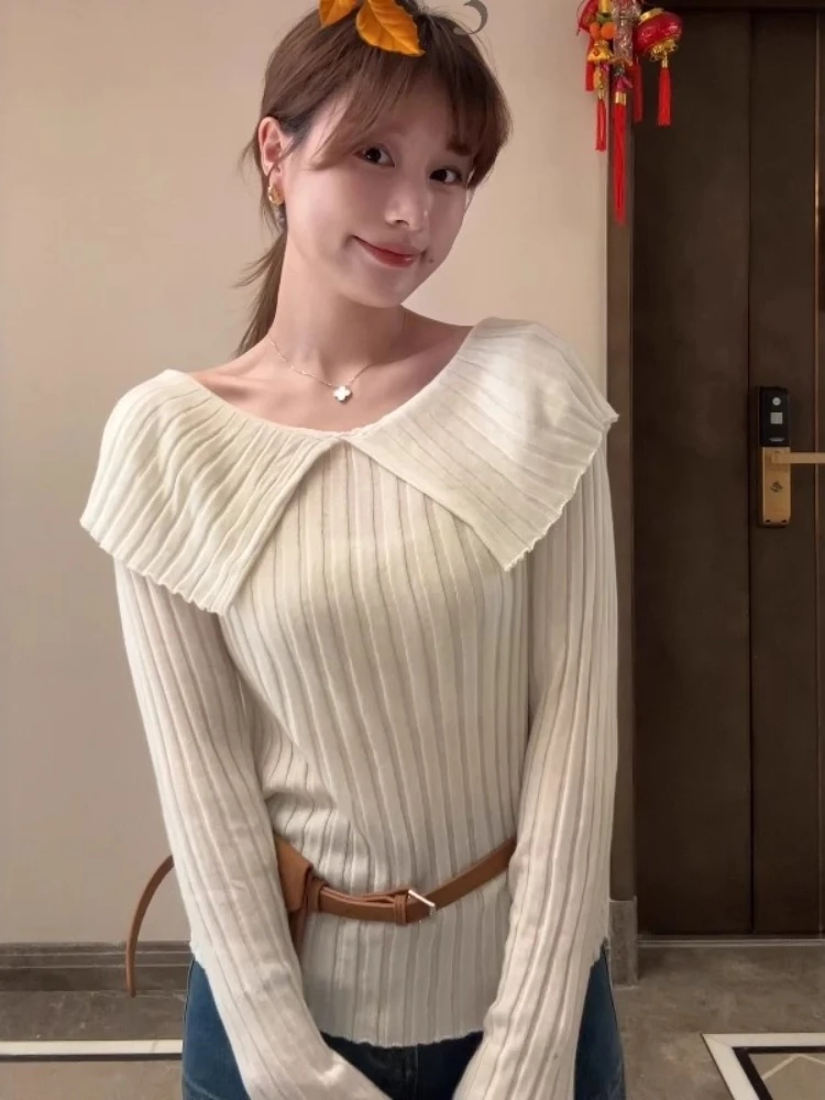 韩版温柔风一字肩坑条纹针织衫女秋冬季新款修身显瘦内搭打底上衣