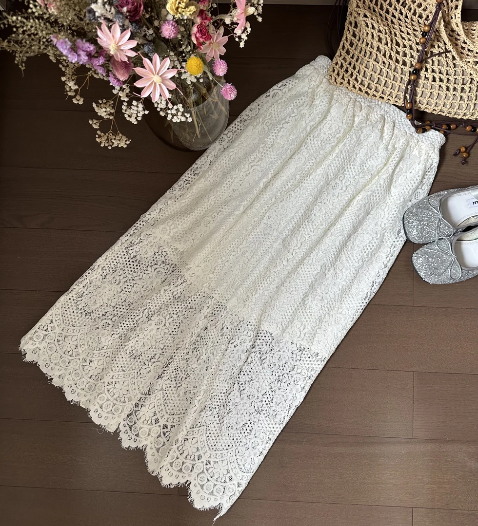 新款蕾丝钩花直筒松紧腰百搭半身裙