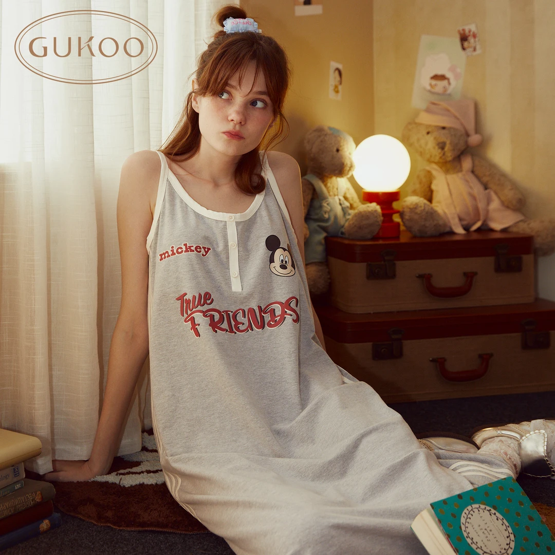 Gukoo果壳夏季迪士尼米奇睡裙纯棉吊带背心裙灰色黑色女运动风