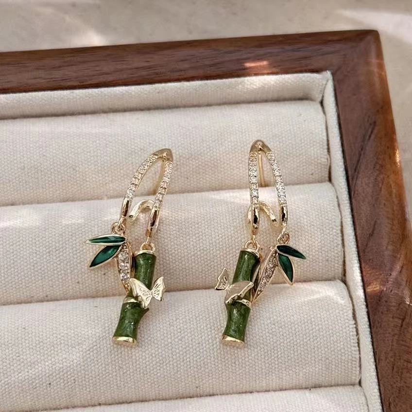 铜合金耳饰 金色植物花卉日韩绿色甜美风耳环气质手工时尚N3483