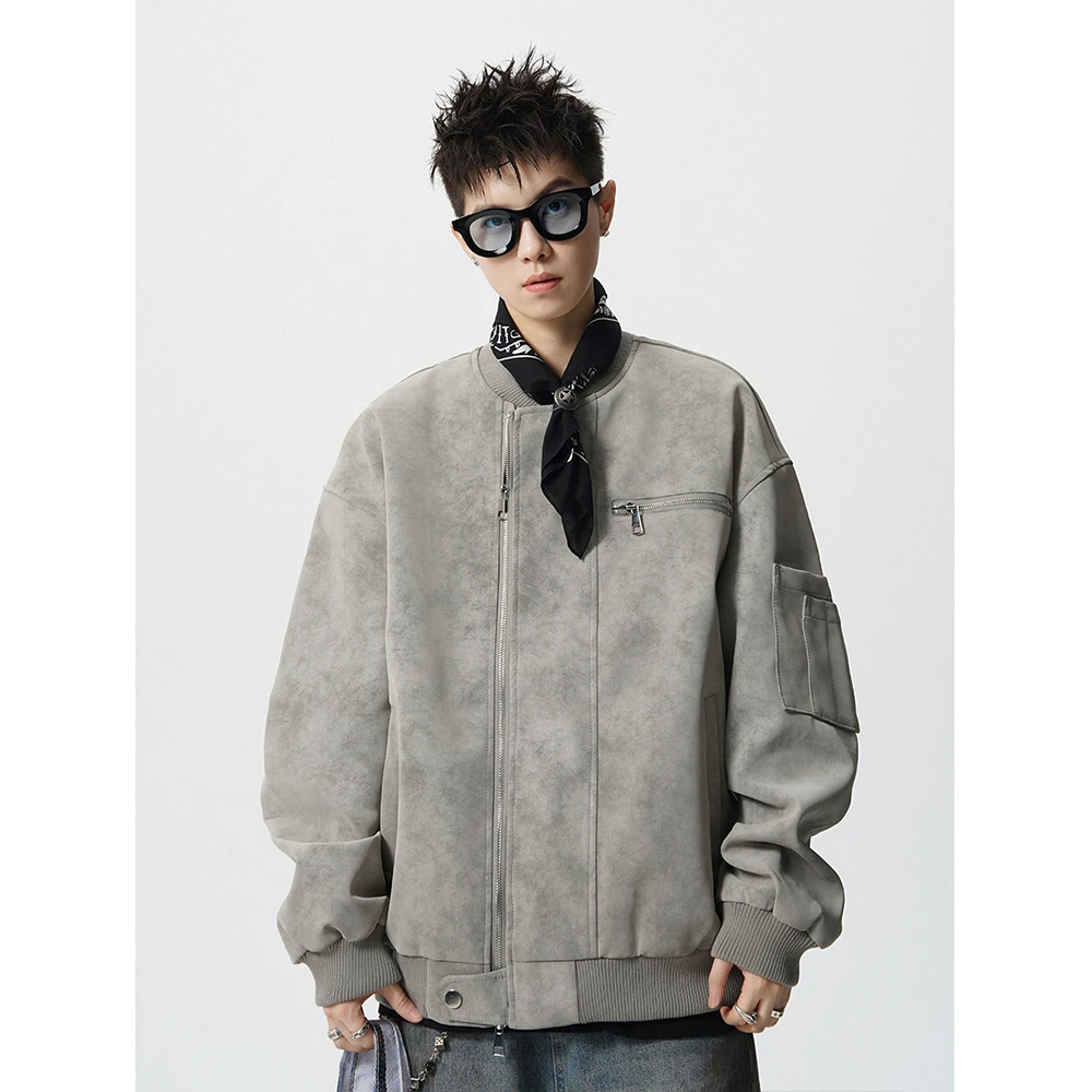 秋冬美式vintage棒球服男高街痞帅扎染皮夹克设计感工装宽松外套