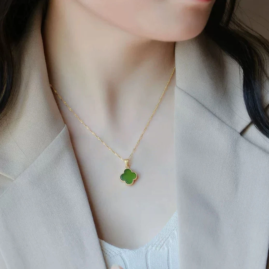 钛钢项链 气质简约绿色四叶花锁骨链坠链X-130