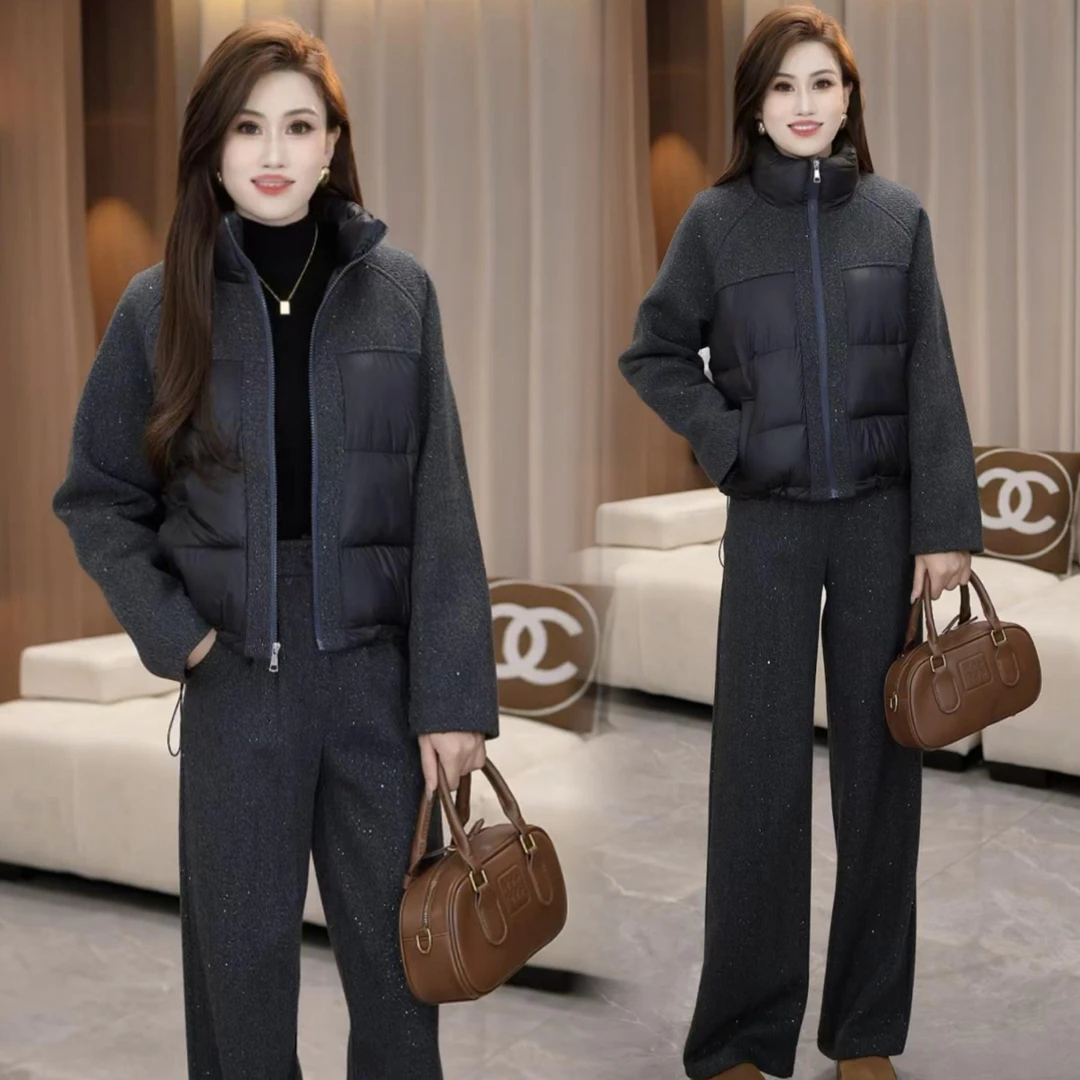 拉夏贝尔时尚套装2025冬季新款洋气加厚保暖立领阔腿裤两件套