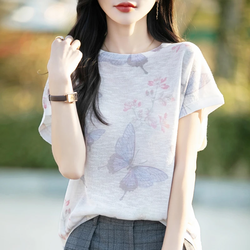 哥弟阿玛施正桑蚕丝短袖T恤女夏季薄款圆领宽松冰丝时尚百搭上衣