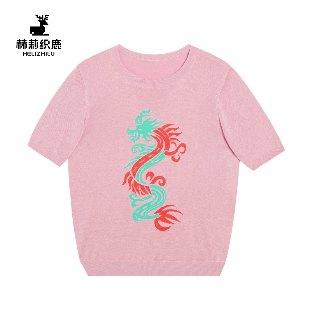 原创莱赛尔圆领提花针织短袖T恤女众薄款百搭宽松显瘦夏季上衣