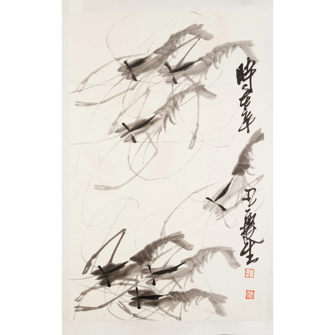 由庆生纯手绘国画作品写意花鸟虾螃蟹青蛙四尺三开45X70cm已托底