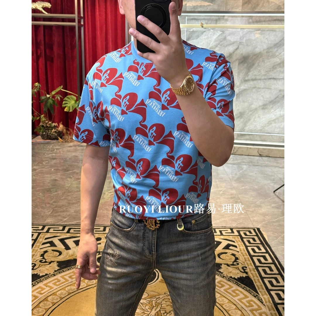 【路易理欧】2025欧货男装时尚鲜花字母潮流百搭圆领休闲T恤0069