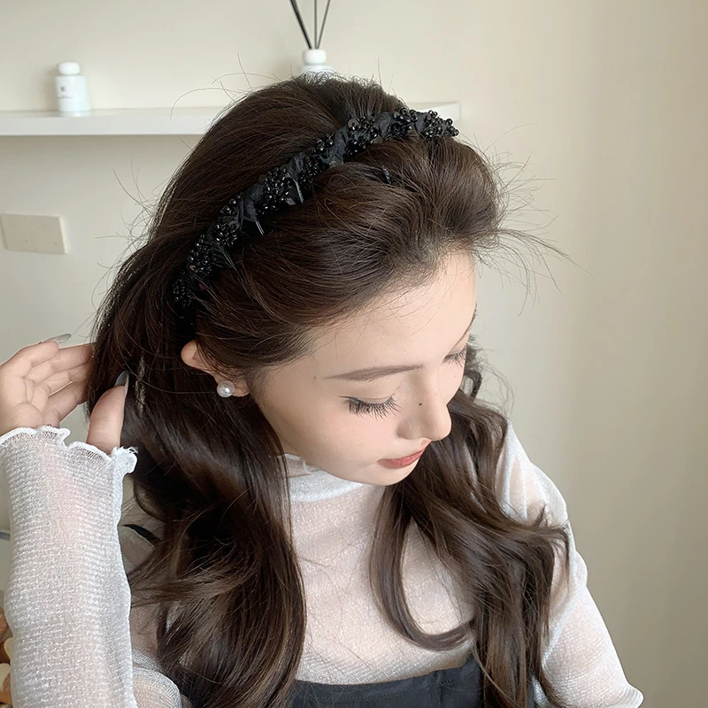 新款轻奢黑色水晶串珠缠绕发箍压发发卡齿梳头箍高颅顶