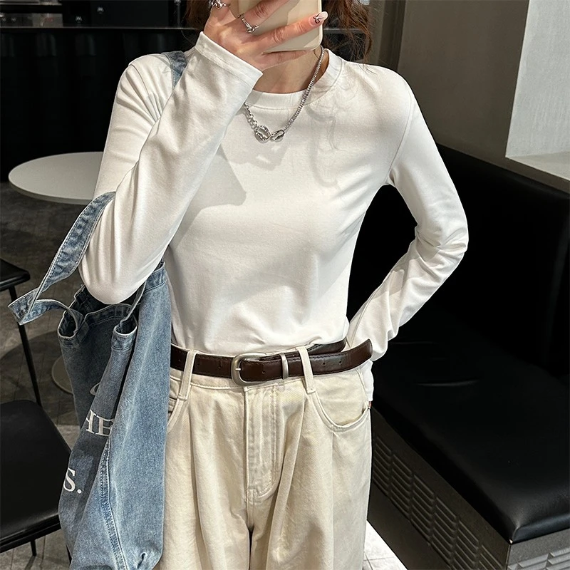 2025年基础款圆领长袖打底T恤女春秋季显瘦百搭纯色白色韩版ins风