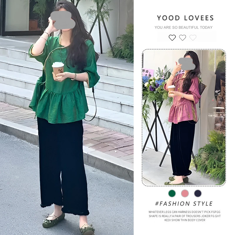 新中式国风禅意圆领五分袖上衣女春秋季气质显瘦花瓣边直筒裤套装