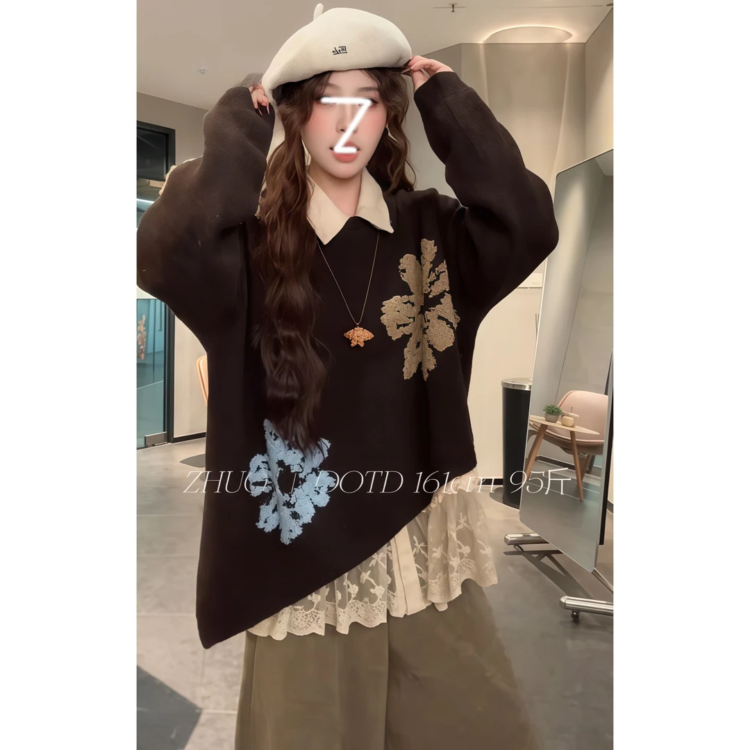 复古老钱风艺术感撞色刺绣不规则套头毛衣女秋冬宽松显瘦叠穿上衣