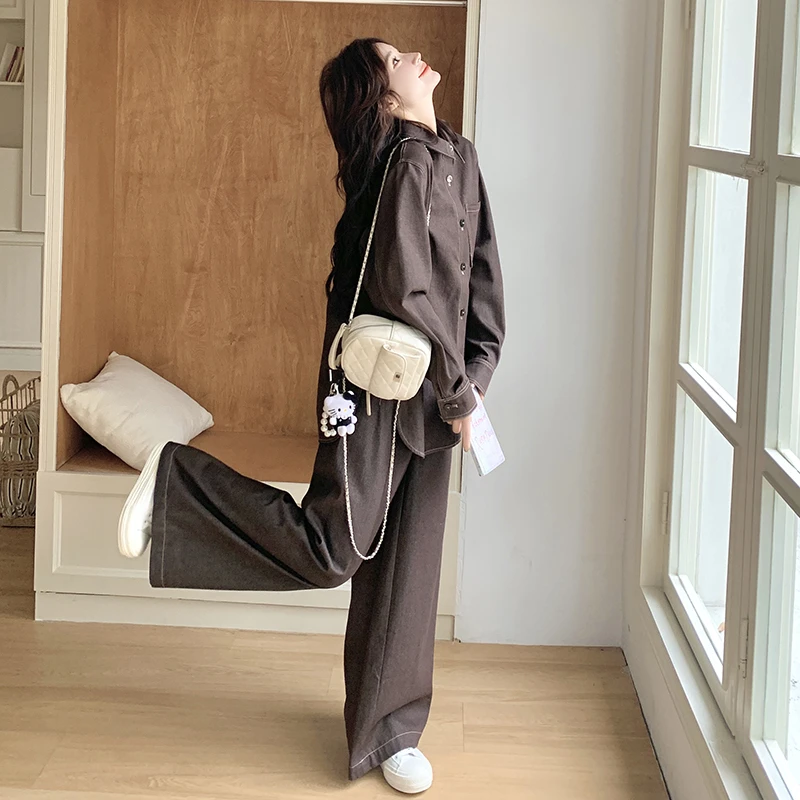 韩系氛围感穿搭咖色衬衫外套阔腿裤两件套2025春新款时尚休闲套装