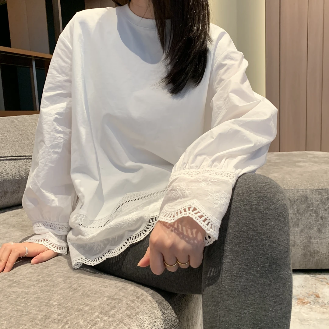 女装加绒长袖花边勾花打底衫百搭宽松圆领拼接天丝棉衬衫袖TX013