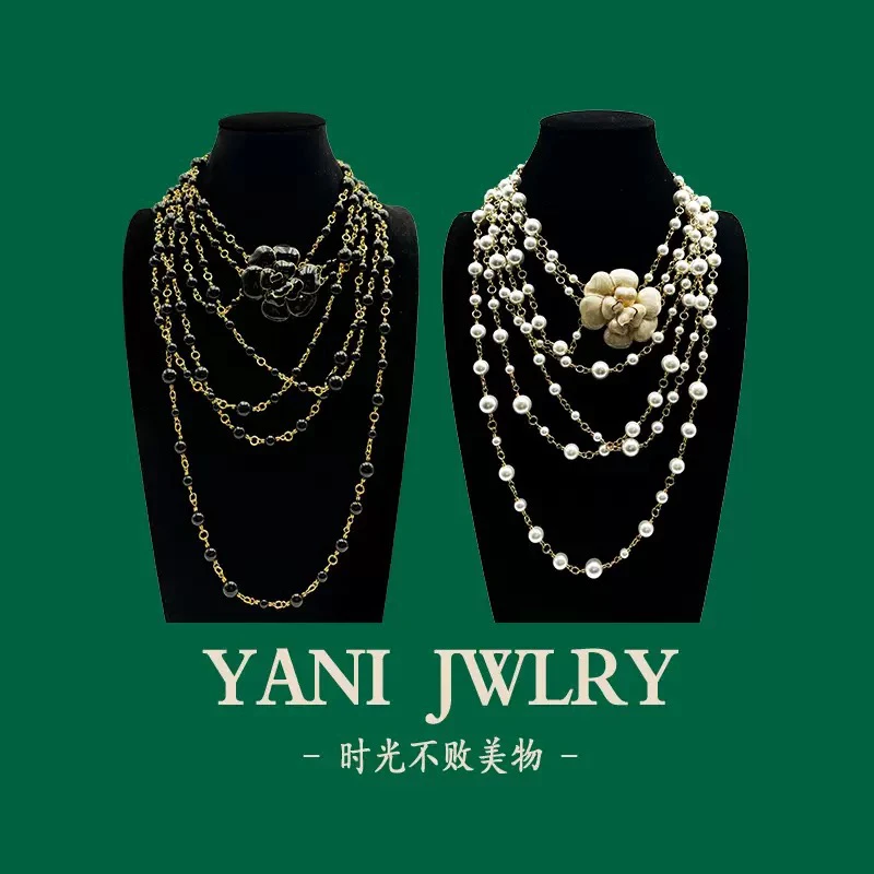 铜合金仿珍珠项链 中古Vintage重工高贵大气多层珐琅山茶花项链