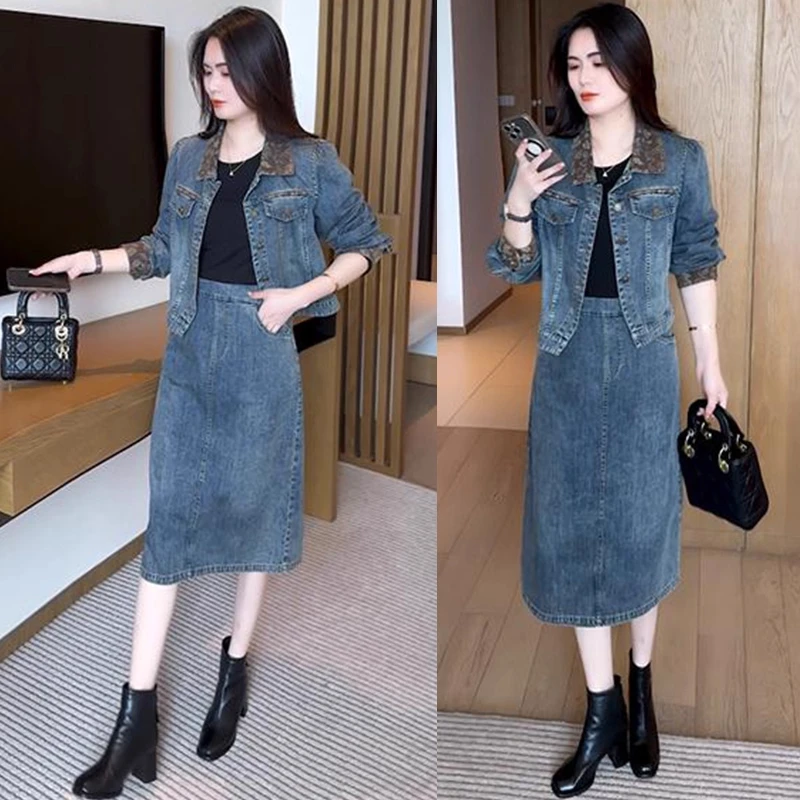 时尚牛仔套装裙女春秋新款洋气韩版显瘦开衫短外套半身裙两件套