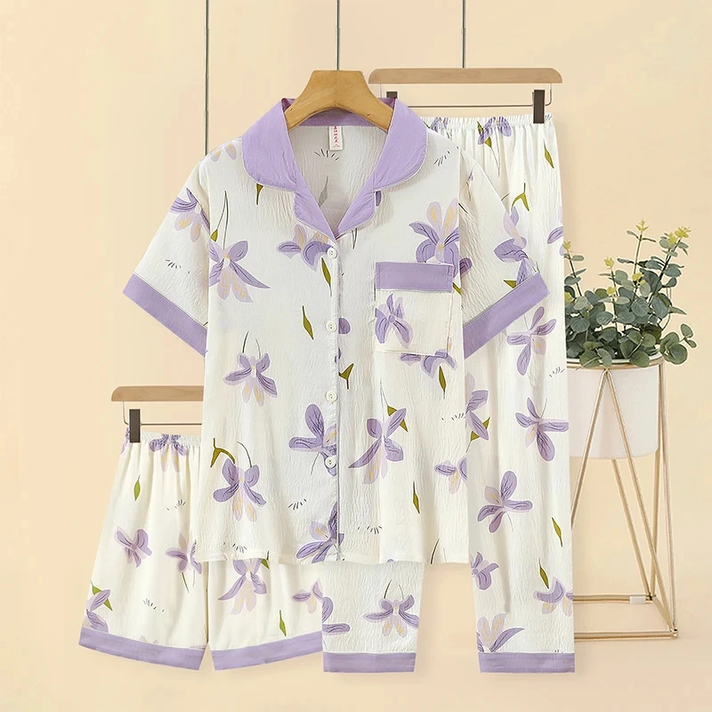 三件套云朵棉睡衣女夏季新款透气薄款短袖休闲开衫家居服外穿套装