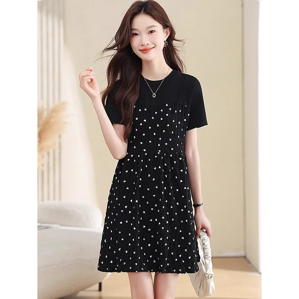 假两件爱心印花短袖连衣裙女夏季2025新款宽松休闲气质中长款裙子