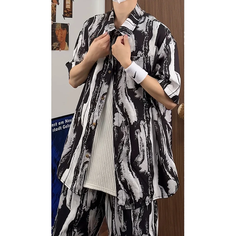 沙滩短袖情侣男女花衬衫套装2232上衣特26控48/8611裤子22