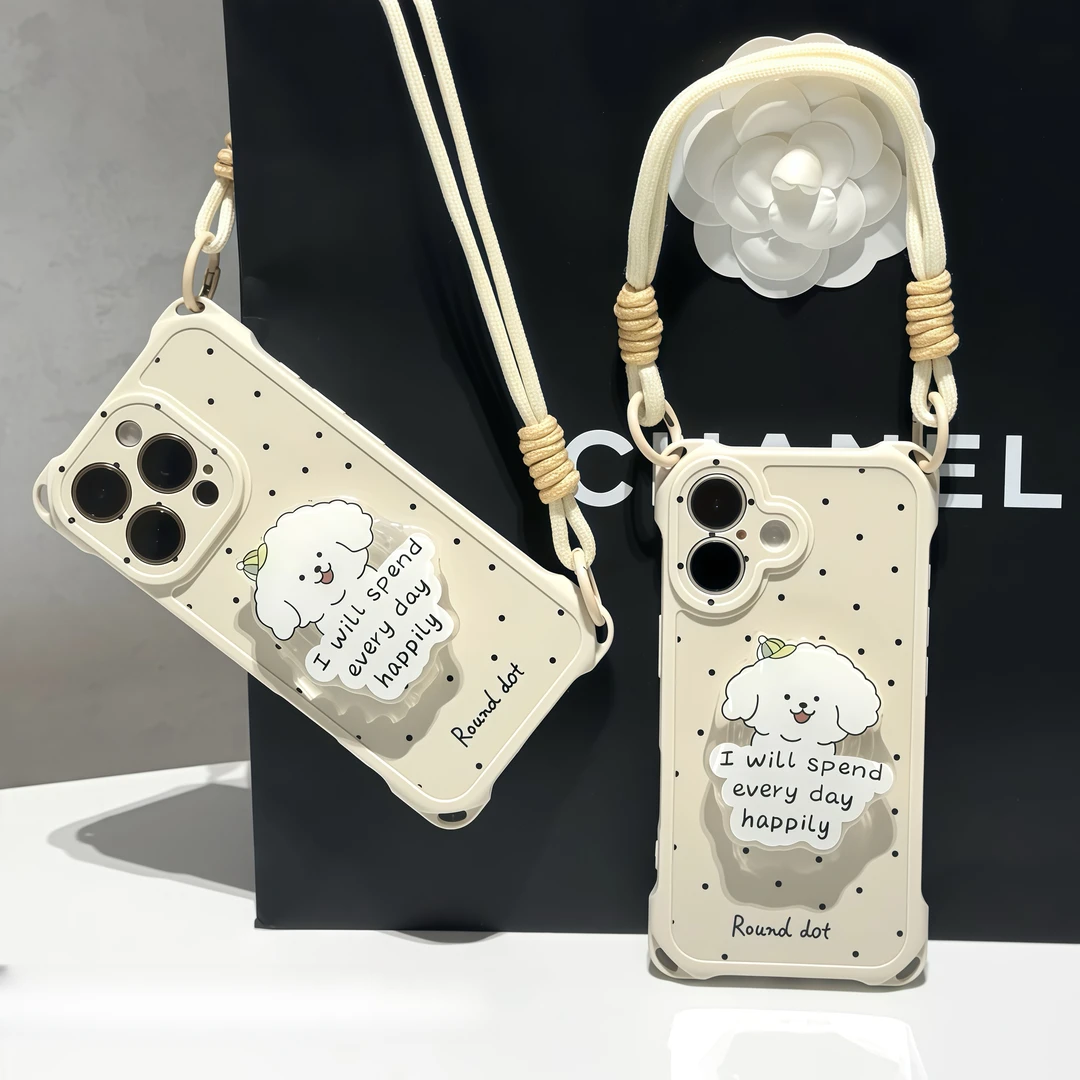 波点小狗支架双挂绳适用苹果16promax手机壳华为p70vivoppo小米15