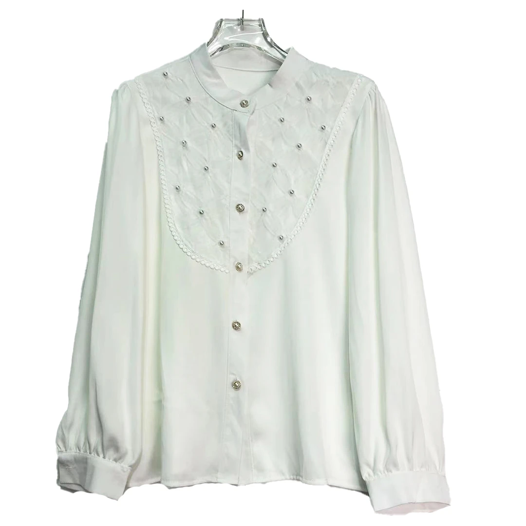 时尚潮流圆领珍珠扣白色衬衫E363