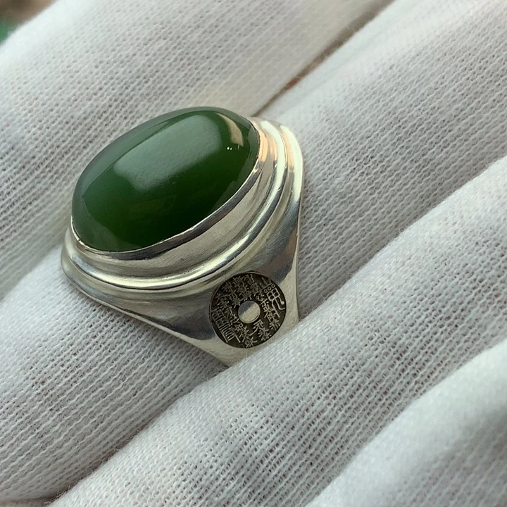 和田玉戒指足银镶嵌