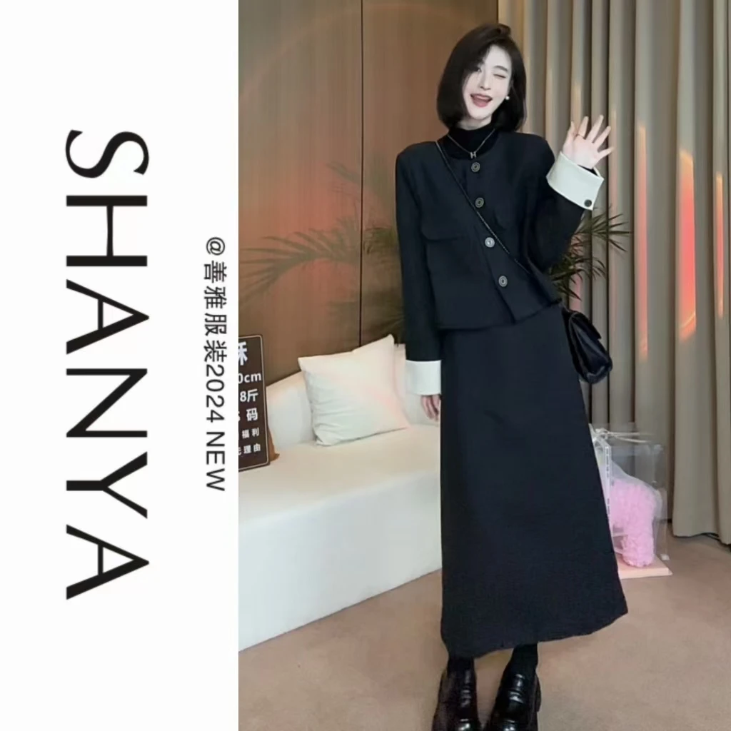 气质高级质感两件套3260显瘦西装短外套上衣+高腰遮肉半身套裙