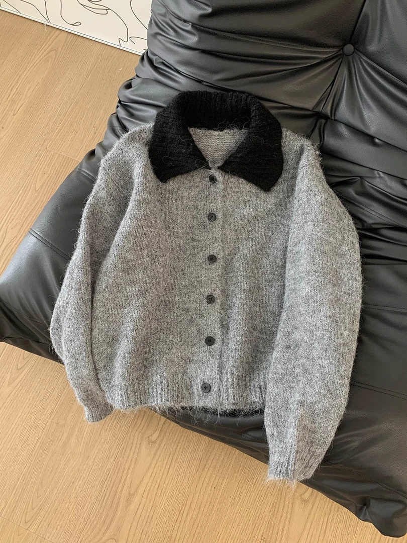 韩系时髦高级灰撞色翻领百搭针织开衫女秋冬软糯亲肤排扣毛衣外套