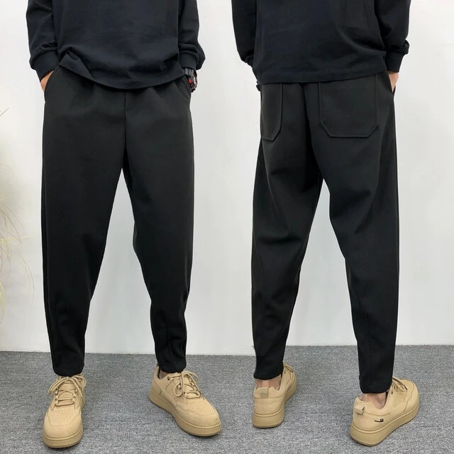 裤子男春秋季潮休闲 裤小直筒宽松阔腿裤痞帅高级感黑色毛呢裤子