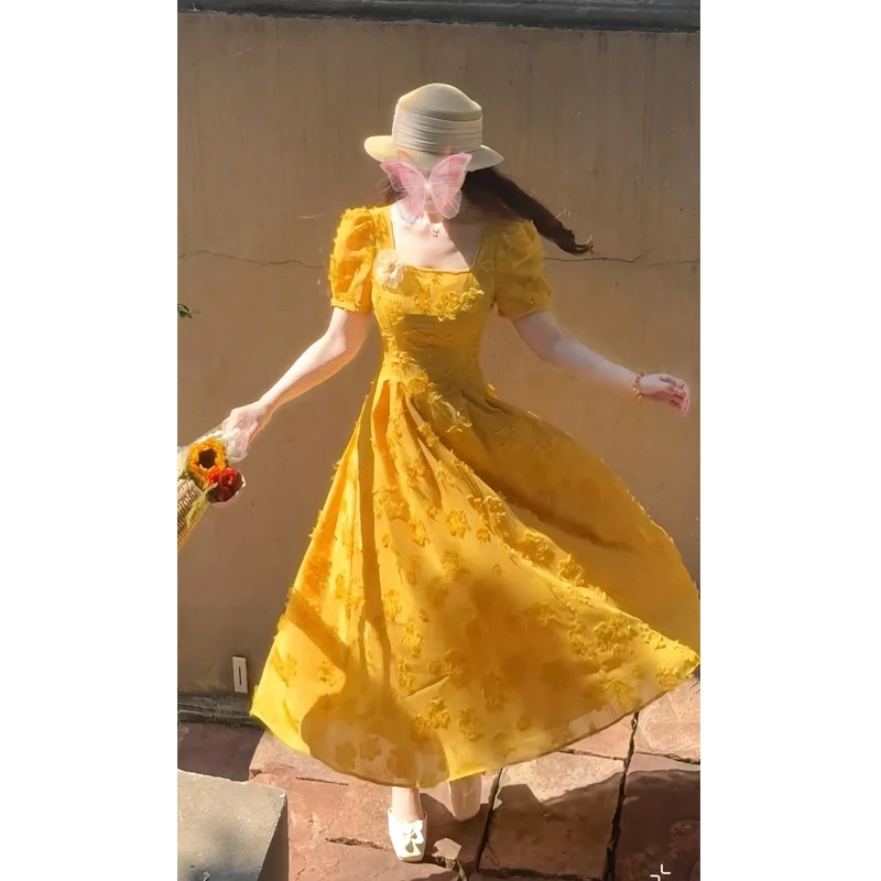 MO88ZSPF大码【清迈花季】气质仙女风立体花朵连衣裙洋气千金感长裙