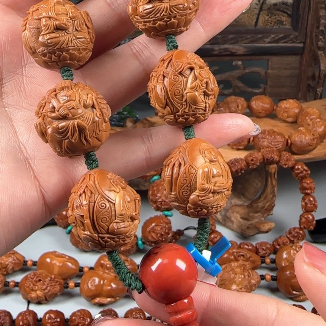 橄榄核手串/手链宽2.5鸡血红梅林核风景万佛朝宗