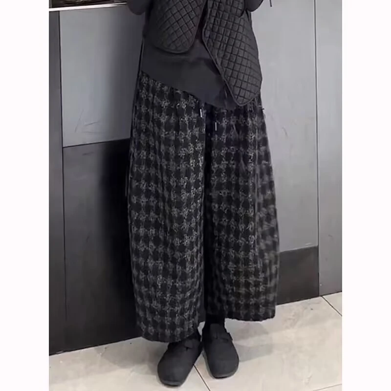 高级黑灰色格纹阔腿裤2025秋冬宽松百搭时尚洋气松紧腰系带休闲裤