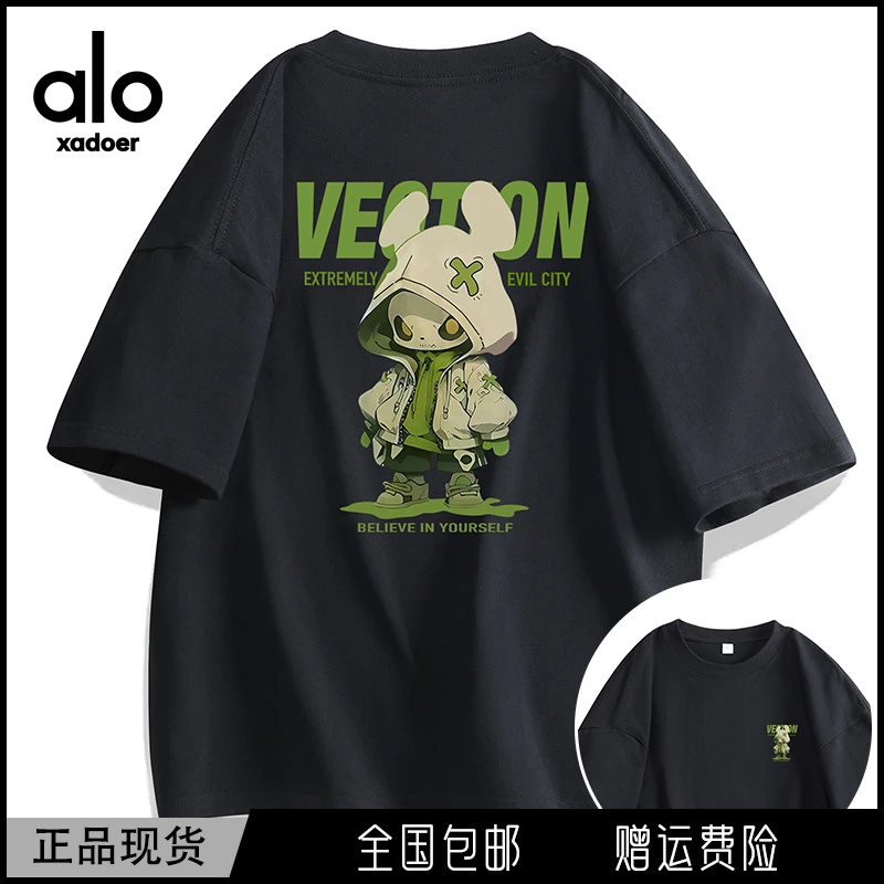 Aloxadoer7A抗菌新款纯棉男士短袖高街潮流百搭T恤宽松印花半袖男