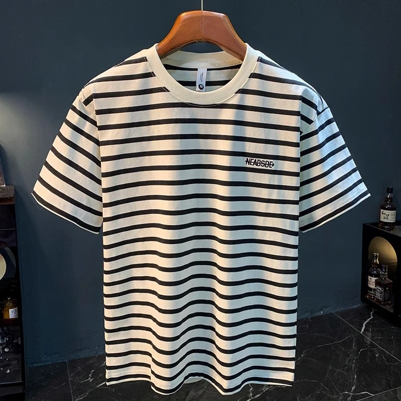 Cebrodz夏季黑白条纹T恤男潮流百搭宽松短袖体恤衫休闲薄款上衣男