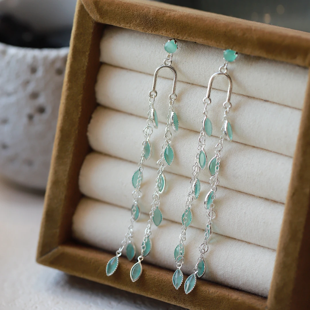 合金合成锆石耳饰 荷曼波绿长款流苏耳环2025新款爆款叶子耳钉女