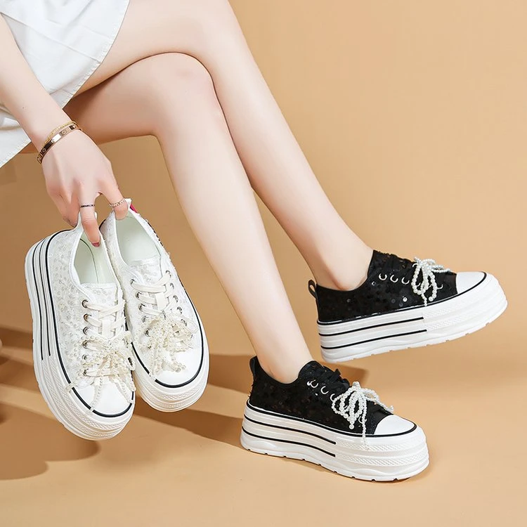 百搭厚底增高小白鞋女2025春秋新款亮片珍珠休闲鞋松糕鞋