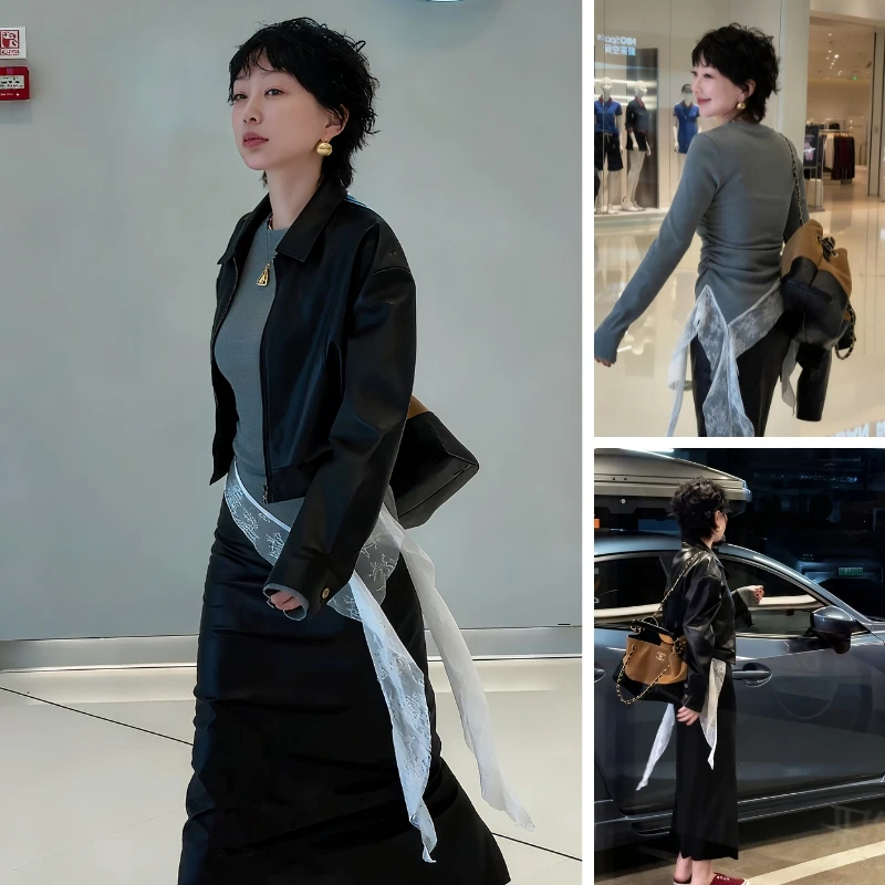 超火秋冬季穿搭一整套女2025新款韩版高级感皮衣蕾丝边上衣半身裙