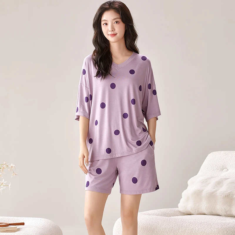 加大加肥莫代尔睡衣女夏季凉感短袖短裤宽松休闲可外穿家居服套装
