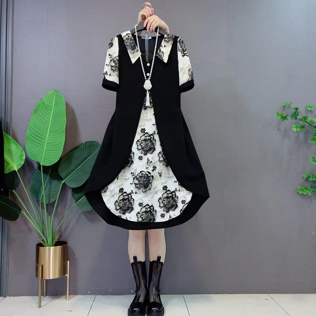 欧货新款时尚假两件收腰显瘦拼色翻领宽松韩版遮肉百搭a字连衣裙