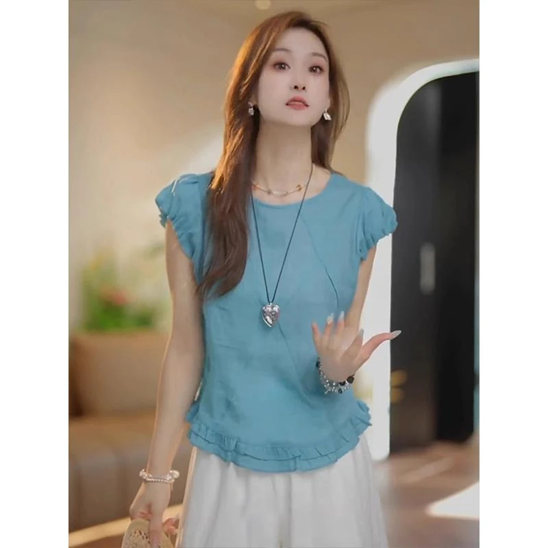 蓝色复古荷叶边飞飞短袖衬衫女设计感小众夏季独特超好看修身上衣