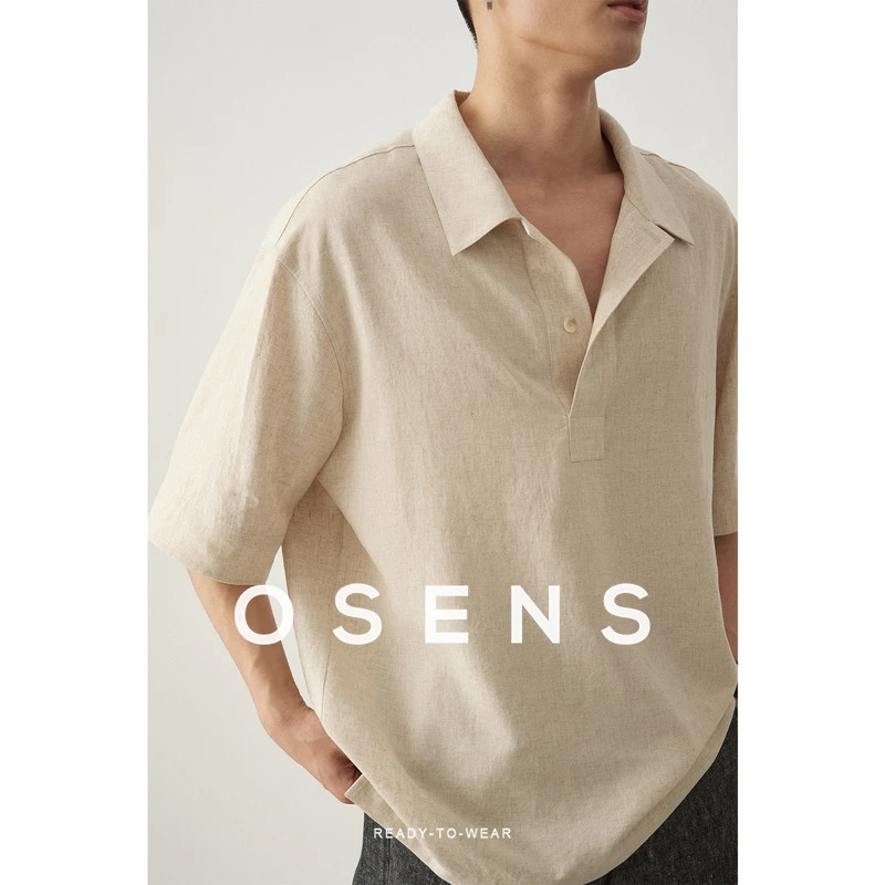 OSENS亚麻莱赛尔宽松垂感复古翻领夏季薄款男士polo衫轻奢高级感