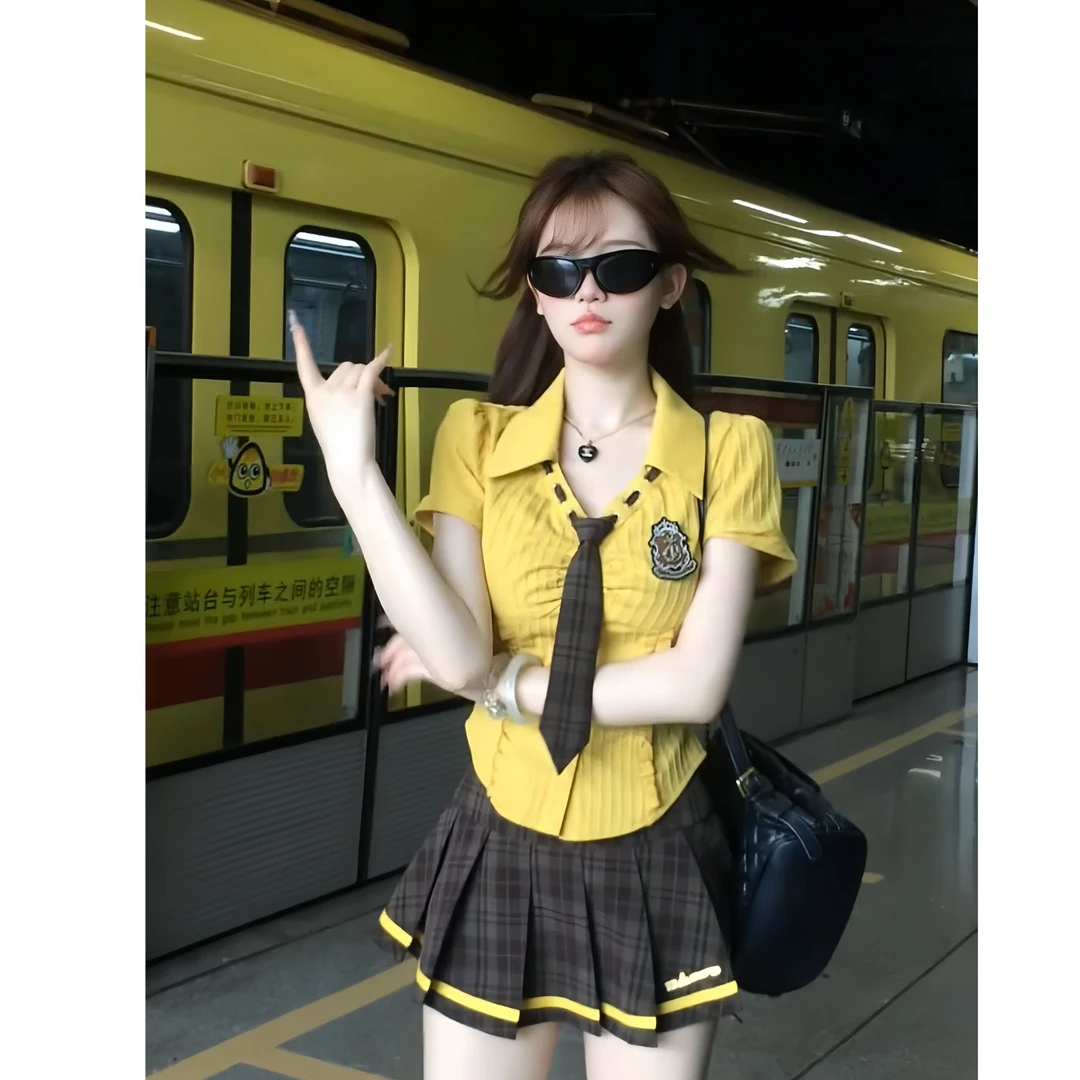 美式甜心 夏季学院风约会设计感短袖小众衬衫上衣格子半裙两件套