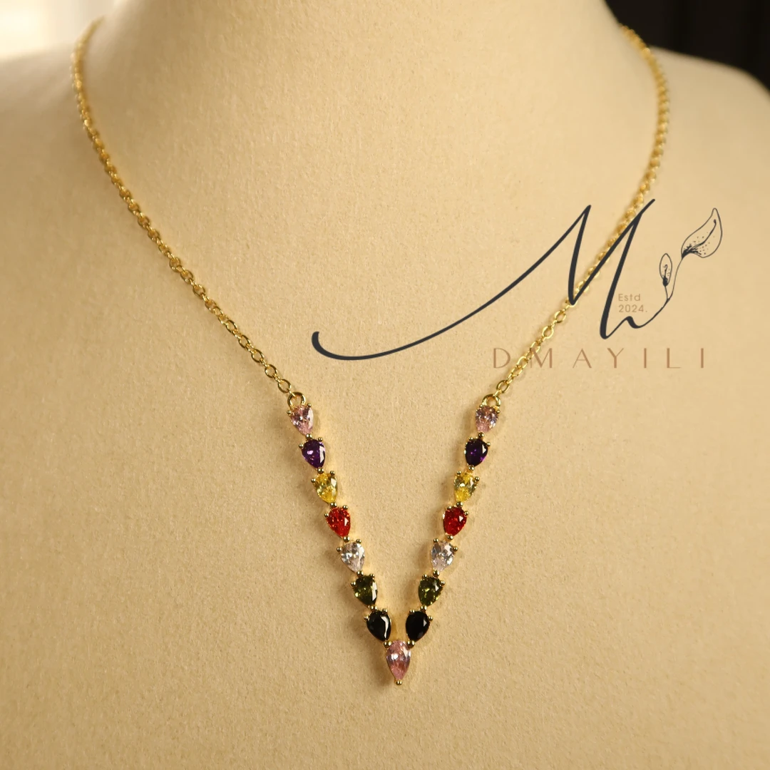 铜锆石项链 MAYILI新款V形彩色锆石铜项链