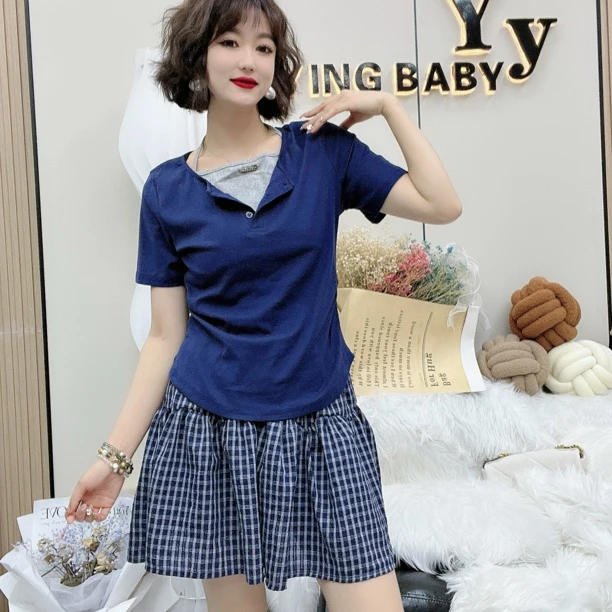 Y衣服女套装修身减龄短袖上衣半身裙夏日时尚气质套装