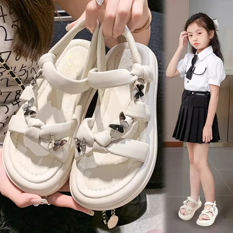 女童凉鞋夏款2025新款百搭儿童罗马鞋蝴蝶软底小女孩中大童沙滩鞋
