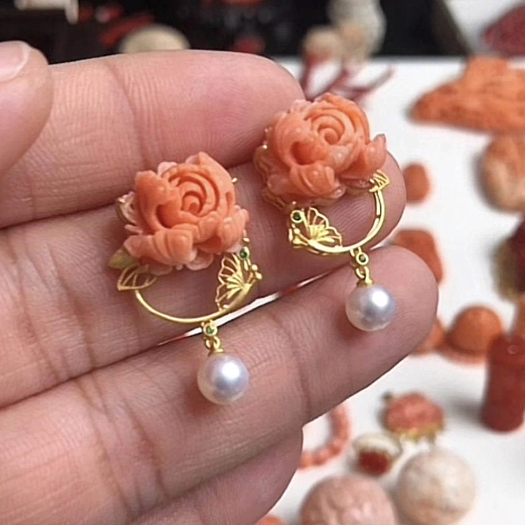 momo珊瑚牡丹花耳环