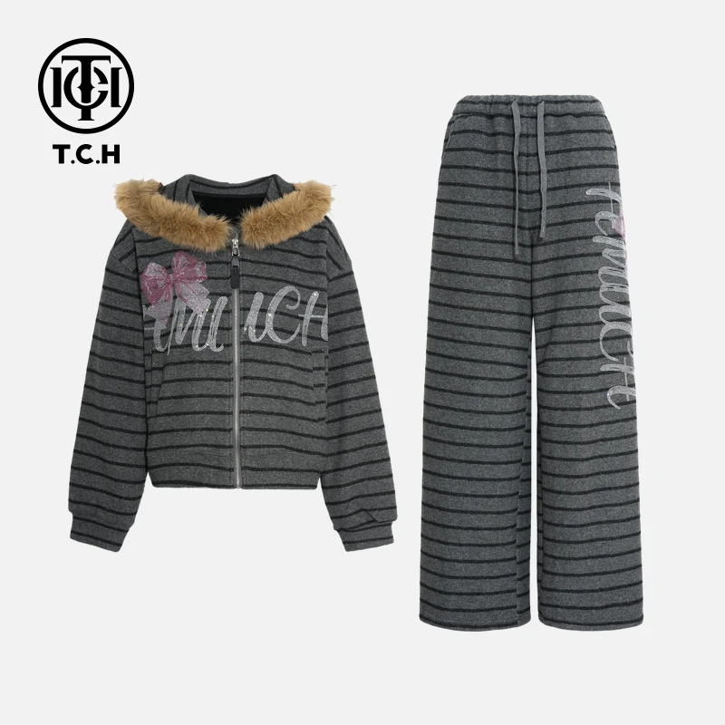 TCH私服秋冬旅游风烫钻时尚淑女灰色长袖套装T75D07E1005轻奢tch